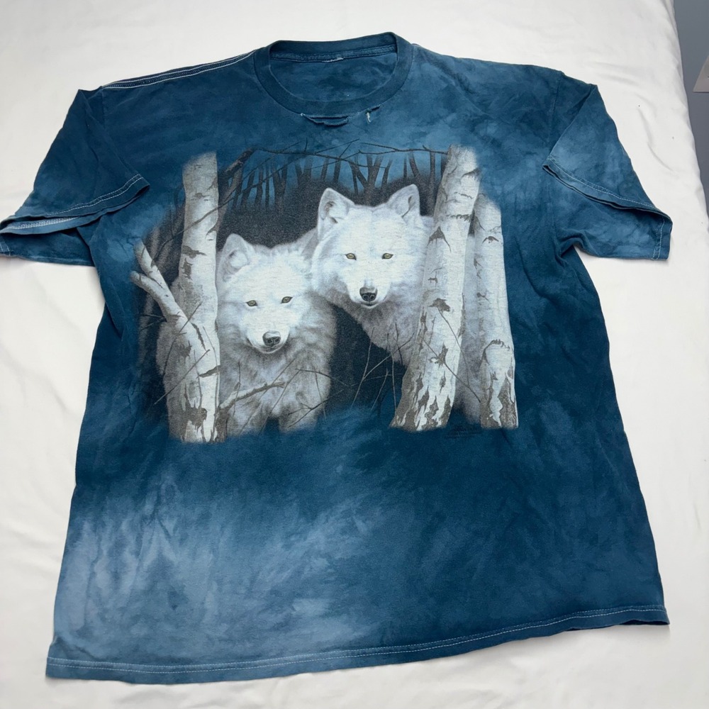 Vintage 1998 The Mountain White Wolves T Shirt XL Blue Tie Dye Distressed 90s